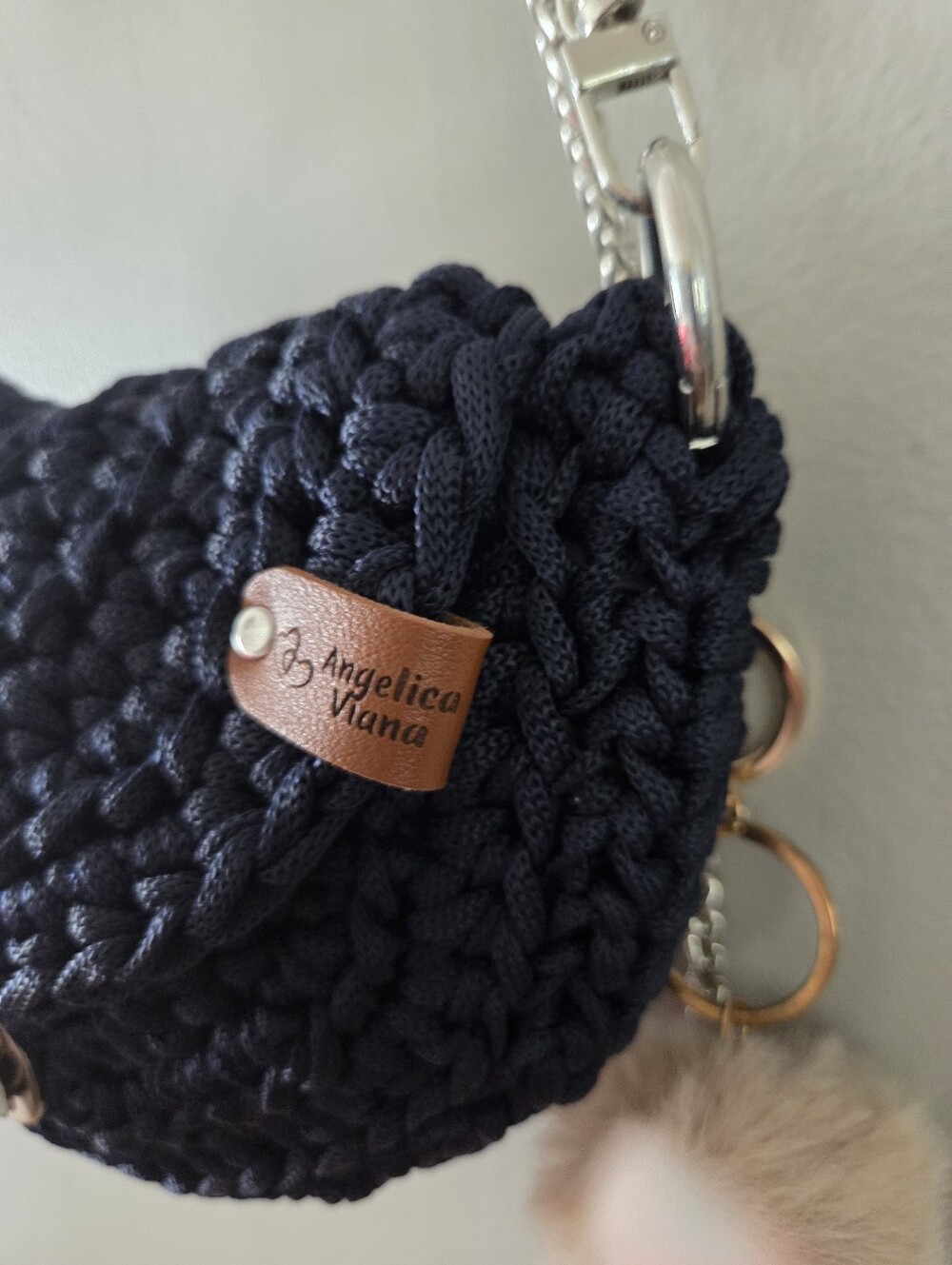 Handmade Navy Crossbody Bag with Fur Pom - Picture 6 of 7